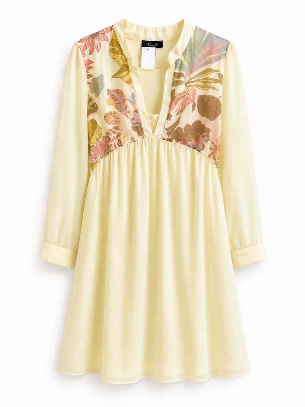 Italian Silk Yellow Floral Yoke V-Neck Dress